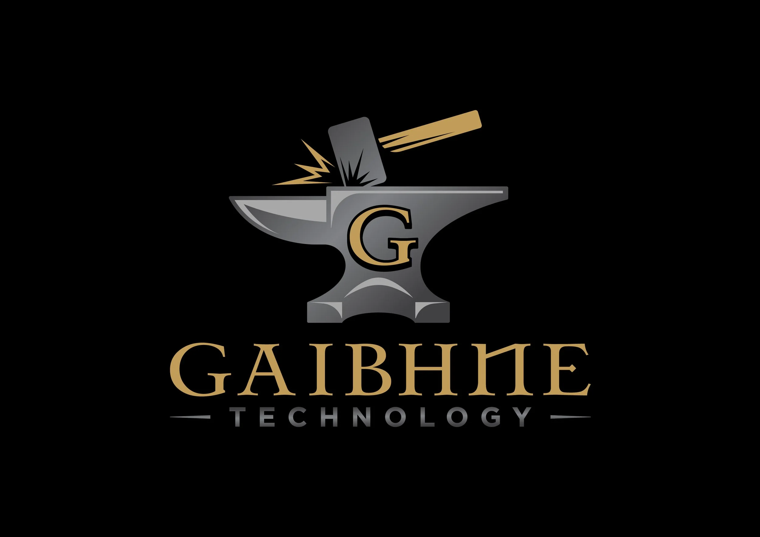 Gaibhne Technology logo, a silver anvil struck by a gold hammer with a gold letter G on the anvil face, above the company name in gold serif lettering on a black background