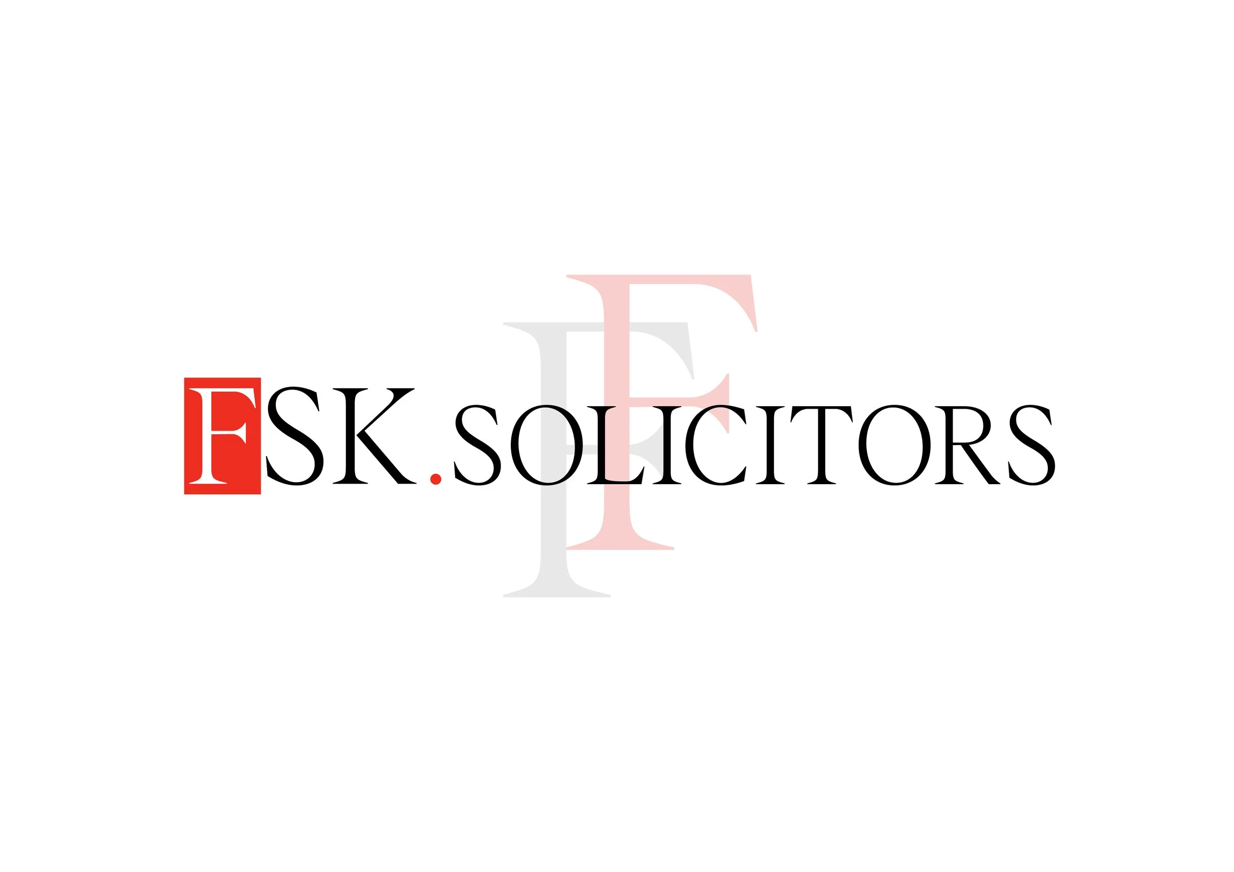Logo of FS K Solicitors with black text, a red box around the letter F, and intertwined light grey and pink letters behind