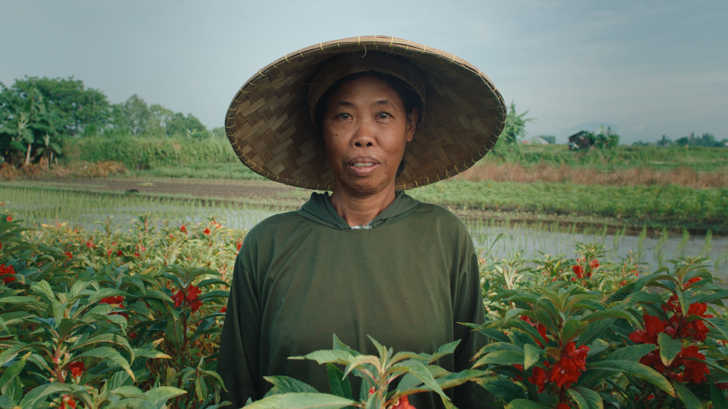 A woman standing in a lush garden with red flowers, wearing a wide-brimmed straw hat and a dark green shirt, with fields and a small house in the background.