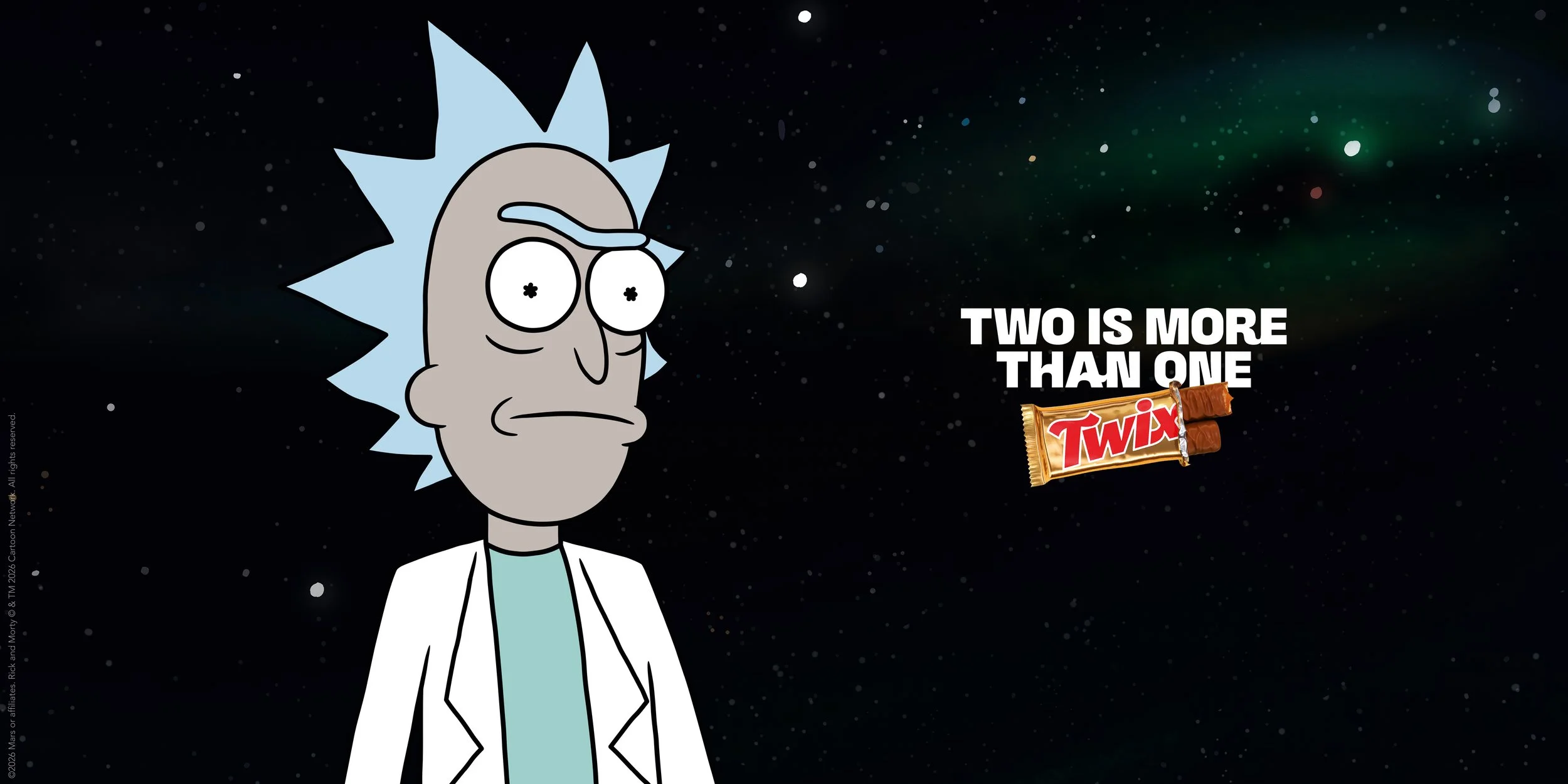 Twix licensed an image of Rick from Rick & Morty for an OOH campaign celebrating iconic duos. READ MORE  