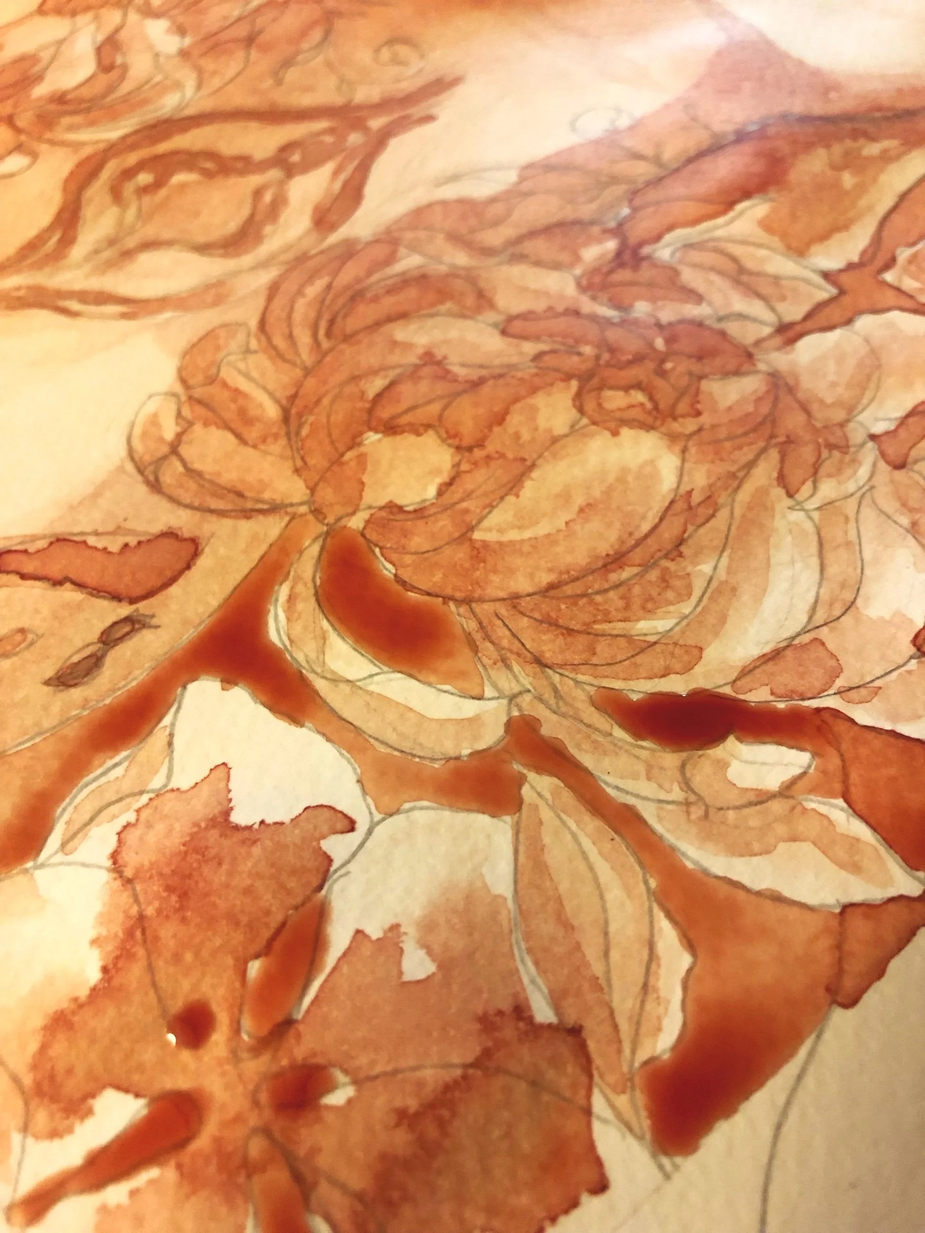 Close-up of a watercolor painting of a rose with leaves in shades of orange and brown.
