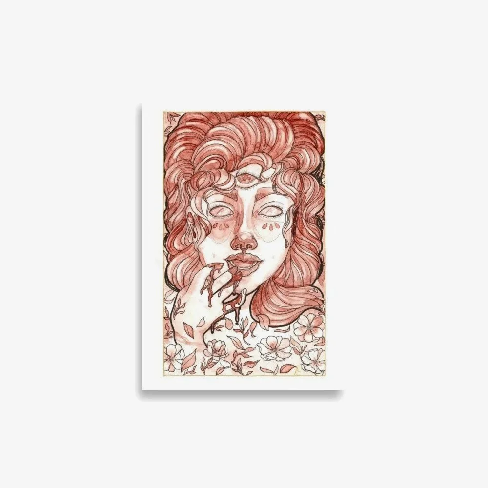 A period blood drawing of a woman with curly hair and closed eyes, with a third eye on her forehead, floral patterns on her face and body, and blood dripping down her hand near her lips.
