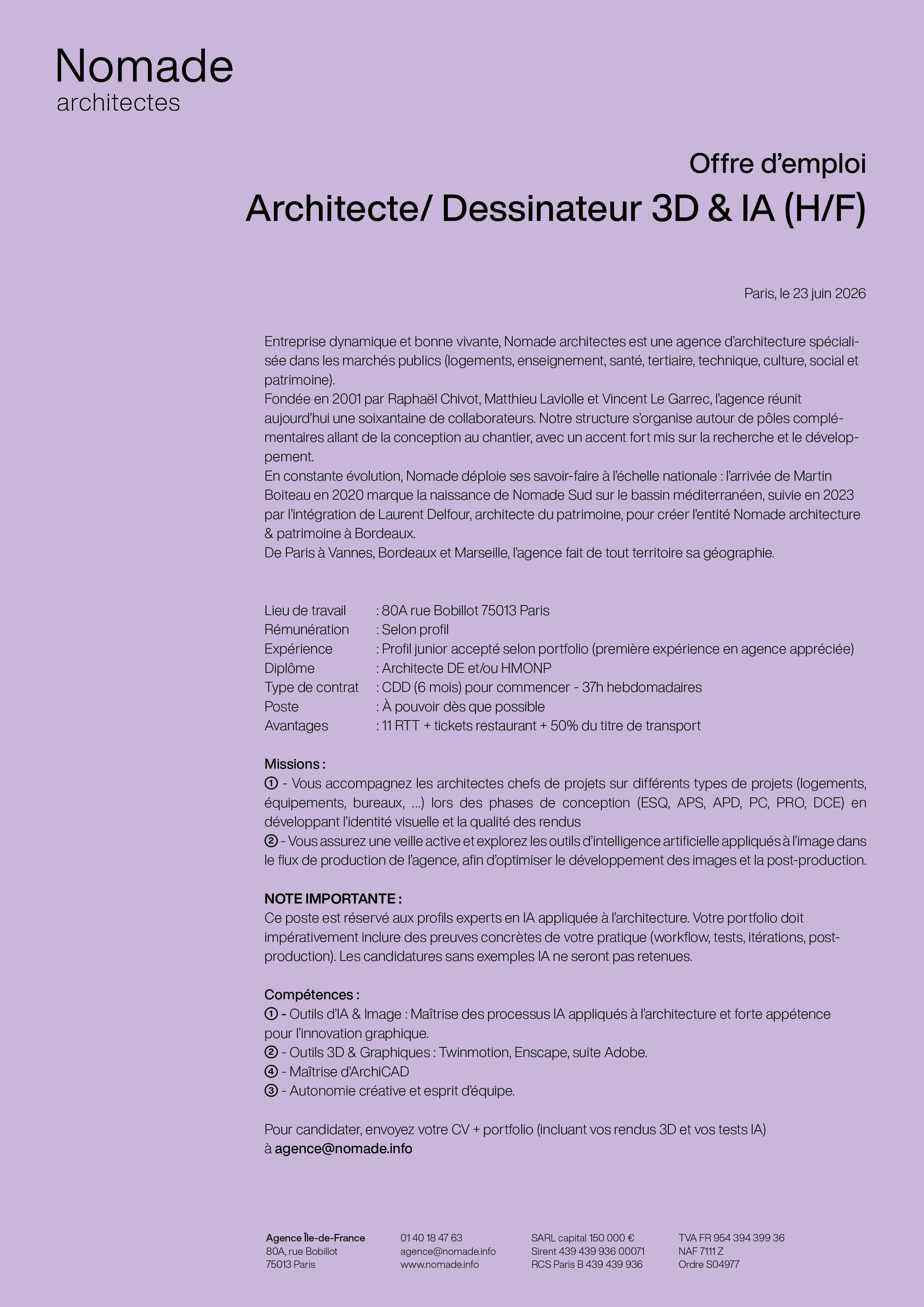 Offre d’emploi | Architecte/ Dessinateur 3D & IA (H/F) Paris