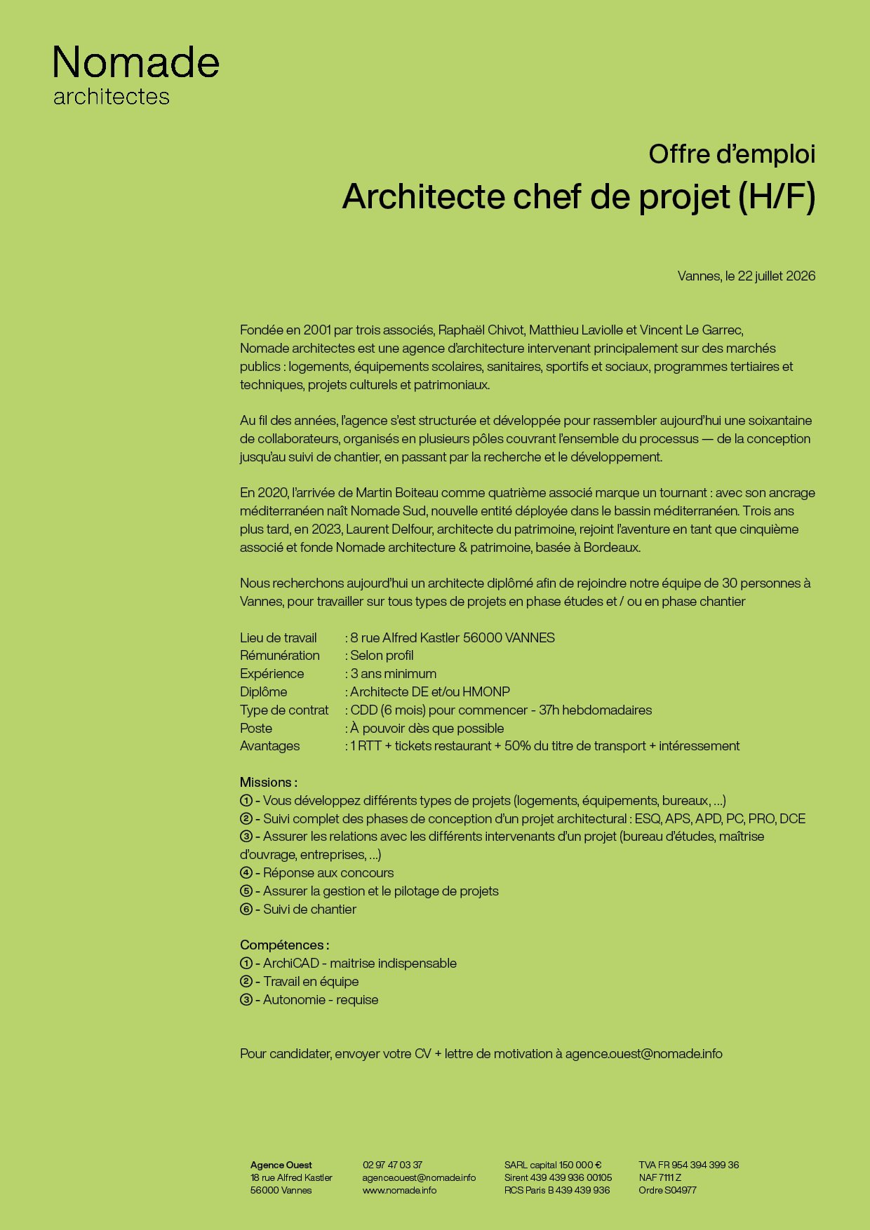 Offre d’emploi | Architecte/ Chef de projet (H/F) Vannes