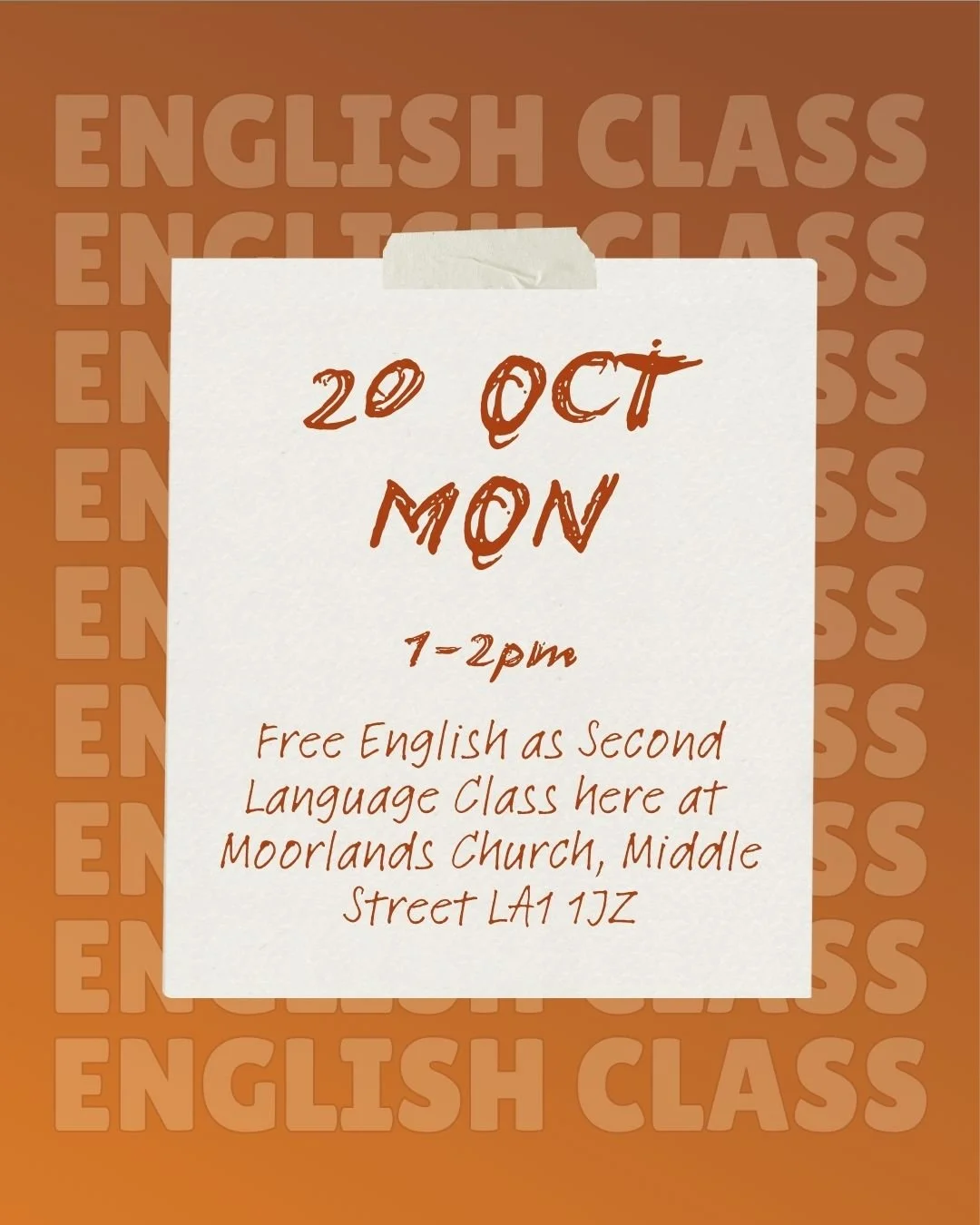 Looking to practice your English? Then do come along to Moorlands Church as we offer FREE English as Second Language Classes. It runs regularly on Mondays now! 
Come and meet our fully qualified teacher on the coming Monday, 20 October, from 1:00&nd