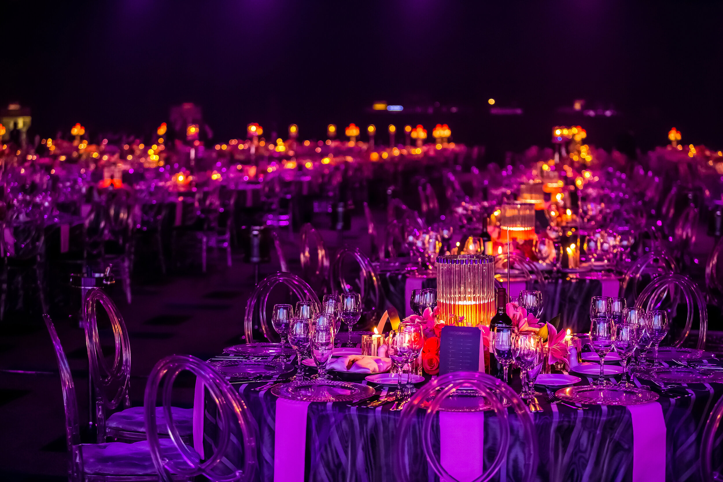 Purple Decor Setting For A Gala Dinner Or Event