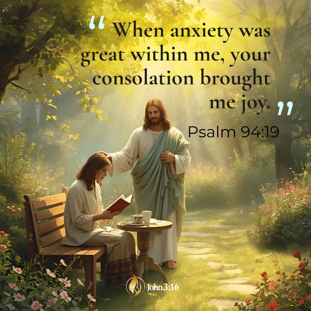 Jesus Christ blessing a woman reading a Bible in a garden with sunlight shining through trees, with a quote from Psalm 94:19 overlayed that says, "When anxiety was great within me, your consolation brought me joy."