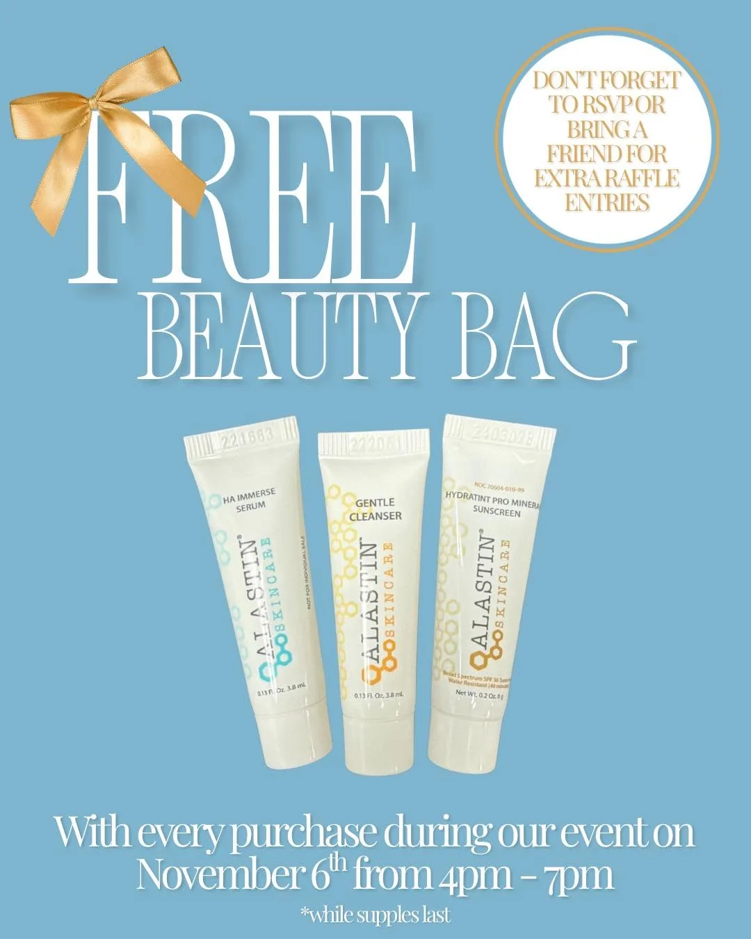 Beauty bags tomorrow (Nov 6, 4&ndash;7 PM)! 🎉

Snag a FREE beauty bag with every purchase (while supplies last).
RSVP now + bring a bestie for extra raffle entries! 🦋
Call 317-660-0888 (opt 2)

#HolidayEvent #ExcellRejuvenation #Indy #Skincare #Aes