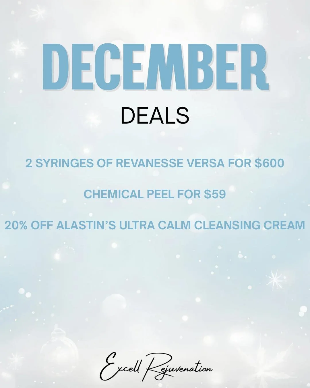 ❄️ December Deals Are Here! ❄️
Get glowing just in time for the holidays with these limited-time specials:

✨ 2 syringes of Revanesse Versa &ndash; only $600
Perfect for lips, smile lines, chin, and more. Incredible savings!

✨ Chemical Peel &ndash; 