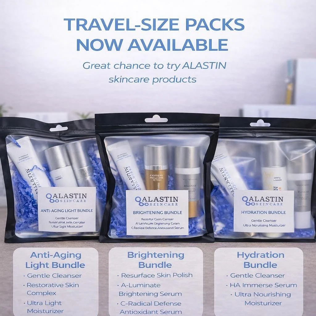 ✨ Travel-Size ALASTIN Bundles Are Here! ✨

Not sure where to start with medical-grade skincare?
These travel-size bundles are the perfect way to try Alastin without committing to full sizes 🦋

✔️ Anti-Aging
✔️ Brightening
✔️ Hydration

Perfect for ✈