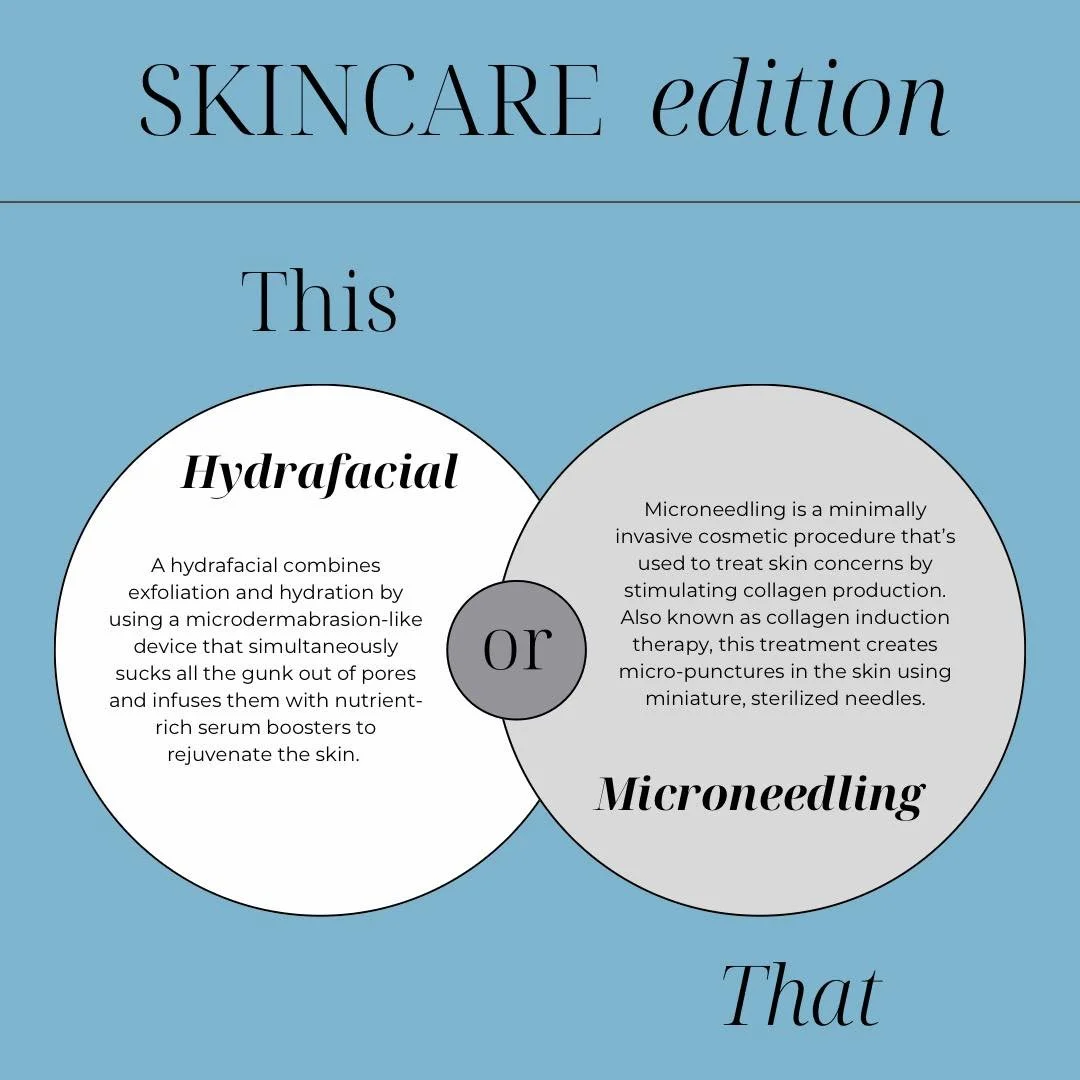 Can&rsquo;t decide between Hydrafacial or Microneedling?

💧 Want instant glow + deep hydration? &rarr; Hydrafacial
✨ Want collagen stimulation + skin correction? &rarr; Microneedling

One gives you immediate radiance.
One gives you long-term transfo