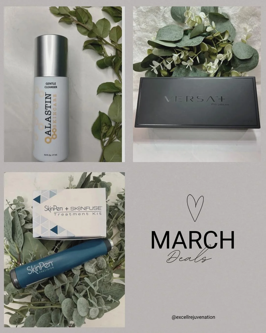 ✨ March Specials ✨

&bull; Microneedling with PRP &ndash; 3 sessions for $1350 + $100 SkinPen e-gift card

&bull; Revanesse Versa &ndash; $500 per syringe

&bull;20% OFF Alastin Gentle Cleanser

Refresh your skin just in time for spring. 🌿

📞 Call 