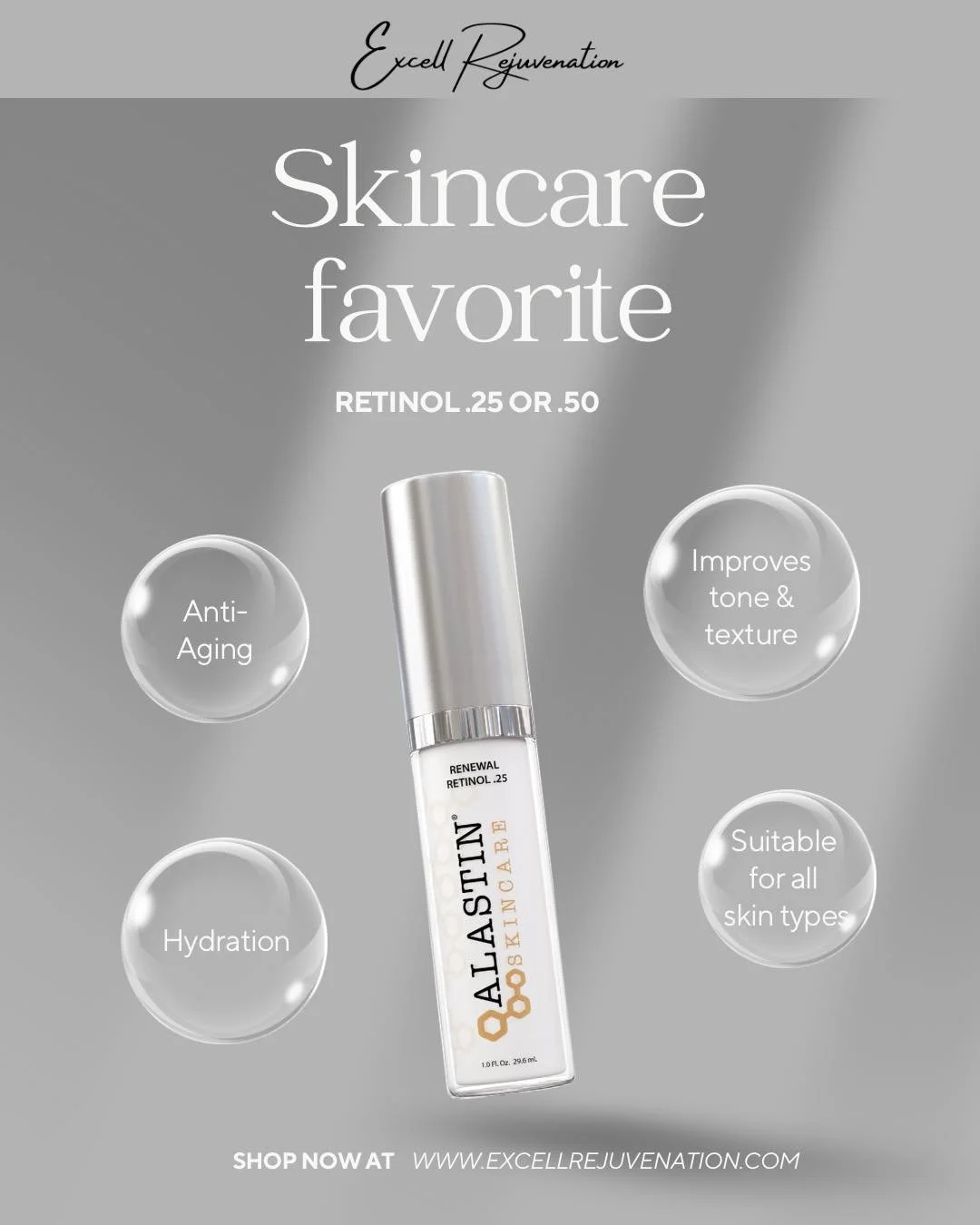 ✨ Meet One of Our Skincare Favorites ✨

Say hello to smoother, brighter, more youthful skin with Alastin Retinol (.25 or .5) 🦋

Whether you&rsquo;re just starting your retinol journey or ready to level up, we&rsquo;ve got the perfect strength for yo