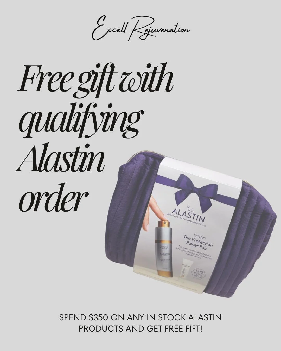 ✨ Treat yourself to your skincare favorites! ✨

Spend $350 on Alastin products and receive a FREE gift valued at $210! 🎁

Your gift includes:
👜 Cosmetic Bag
✨ Full Size C-Radical Defense Antioxidant Serum
☀️ HydraTint SPF Sample

Healthy, glowing s