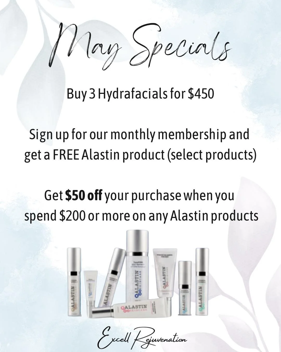 ✨ May Specials Are Here ✨

&bull; Buy 3 Hydrafacials for $450 💧
Healthy, glowing skin all month long

&bull; Join Our Monthly Membership 🦋
Receive a FREE Alastin product (select products)

&bull; Skincare Savings 🛍️
Get $50 OFF when you spend $200