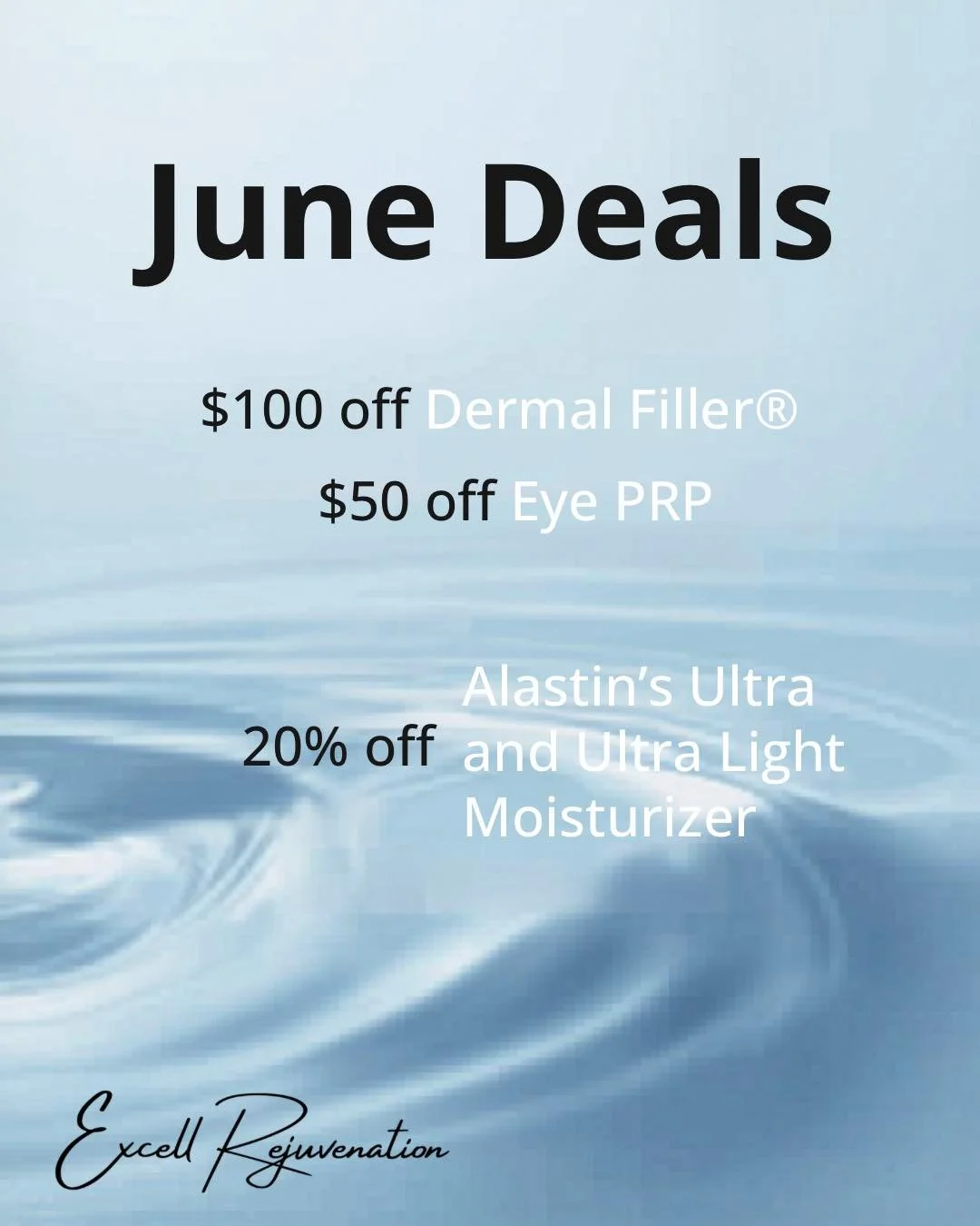 JUNE SPECIALS ARE HERE! 

Refresh, hydrate, and rejuvenate your skin this month with our June savings:

✨ $50 OFF Dermal Filler
✨ $50 OFF Eye PRP
✨ 20% OFF Alastin Ultra Nourishing Moisturizer &amp; Ultra Light Moisturizer

Whether you&rsquo;re looki