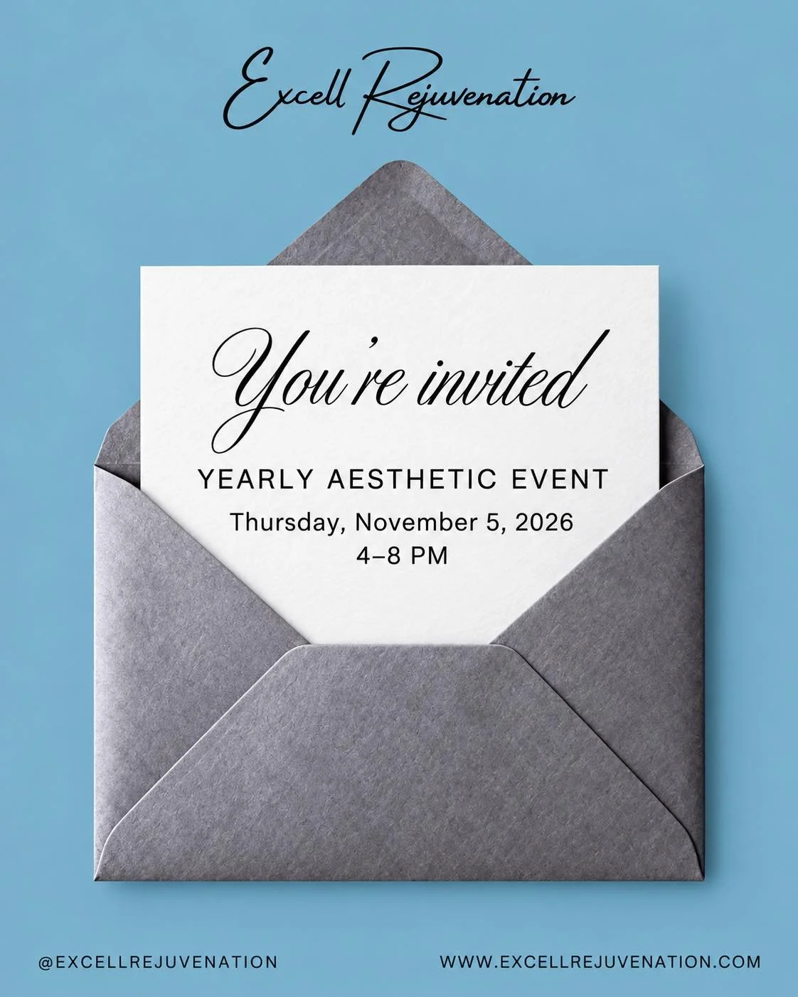 You&rsquo;re invited! 💙 Join us November 5 from 4&ndash;8 PM for our yearly aesthetic event at Excell Rejuvenation! Enjoy special deals, raffles, giveaways, and a fun evening with our team.

Bring a friend and make it a night out! Visit our Facebook