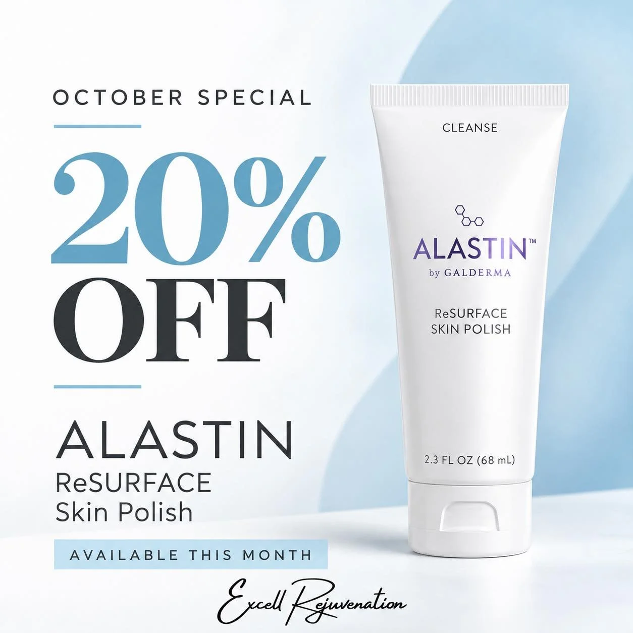 Your favorite skincare, a little extra savings! 🦋Get 20% off ALASTIN ReSURFACE Skin Polish through the end of October.

Stop by, order online or DM us to grab yours!

#ExcellRejuvenation #ALASTINSkincare #OctoberSpecial #SkincareFavorites #skinhealt