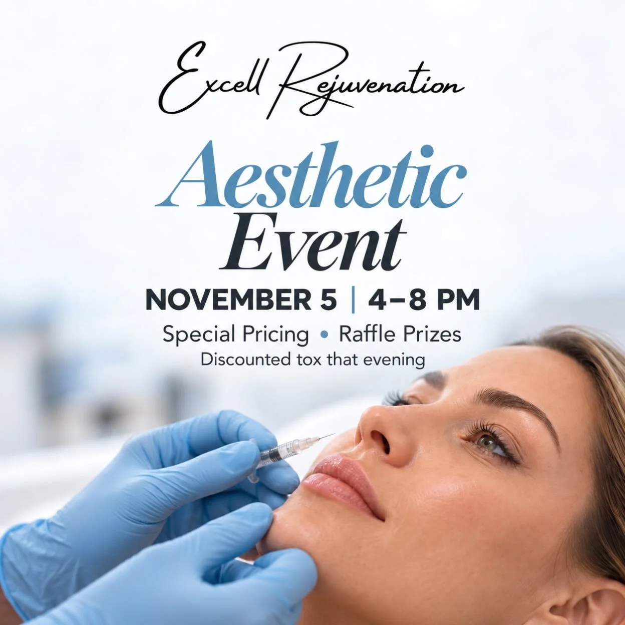Your favorite treatments, special event pricing, and a little fun! 🦋 Join us November 5 from 4&ndash;8 PM for our Aesthetic Event!

Enjoy special pricing, raffle prizes, and discounted tox that evening. Bring a friend and make it a self-care night!
