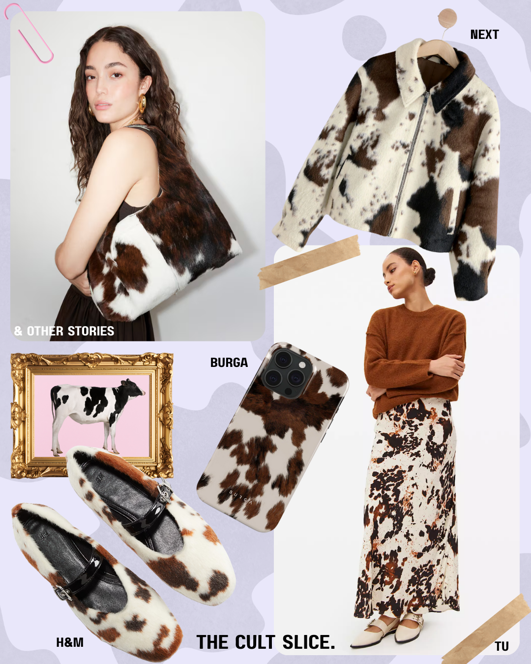 Collage of fashion items inspired by cow print, including a woman holding a cow print bag, a cow print jacket, matching cow print accessories, and a woman wearing a brown sweater with a cow print skirt. Cow illustrations and gold frame artwork of a cow are also featured.