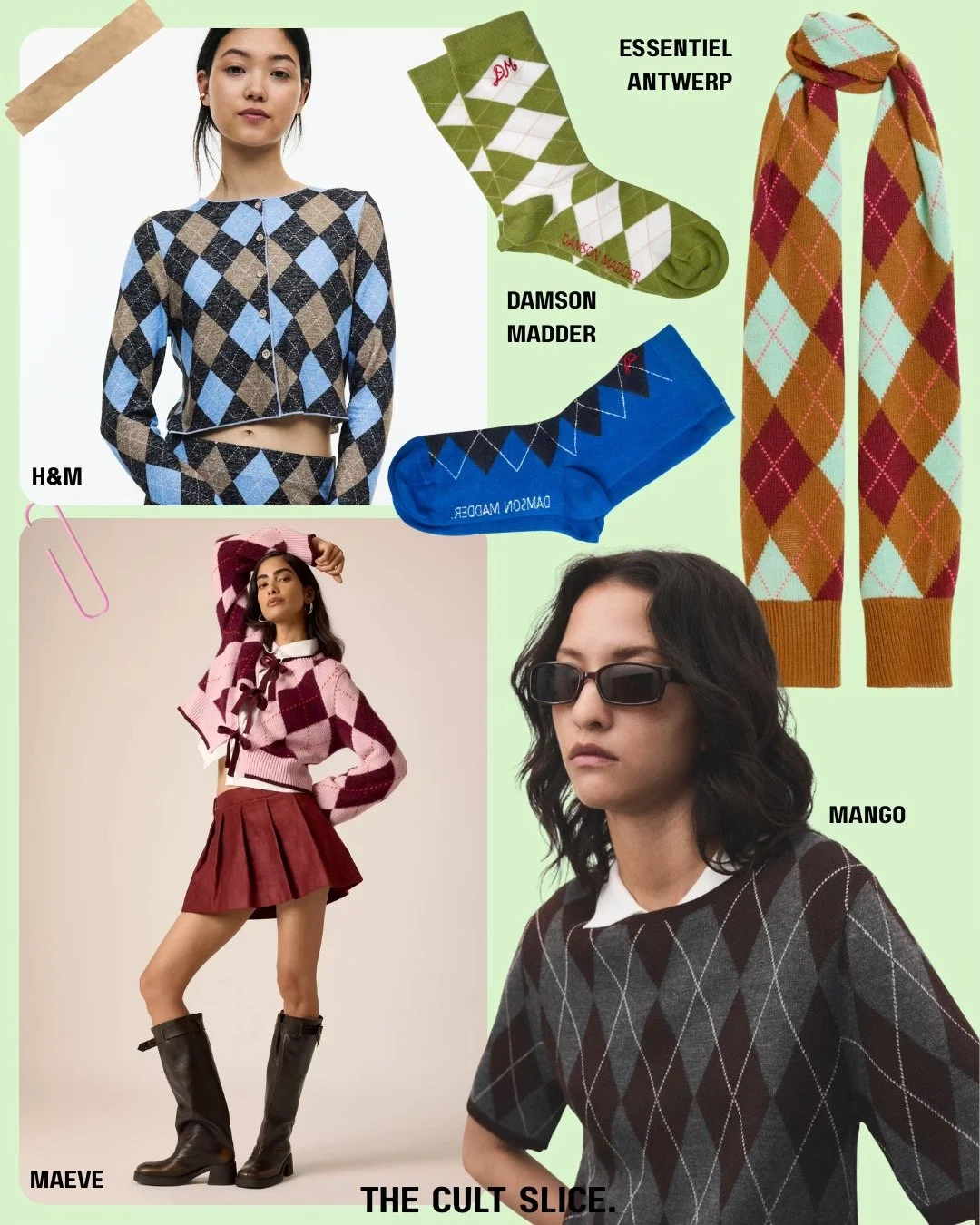 Fashion collage featuring argyle patterned clothing and accessories. Top left with a woman wearing a cropped argyle sweater, next to socks labeled Damson Madder and Essentials Antwerp. On the right, a long argyle scarf in shades of orange, red, and light blue. Bottom left, a woman in a pink and maroon argyle sweater with pleated skirt and knee-high boots. Bottom right, a woman wearing a dark argyle sweater with glasses.