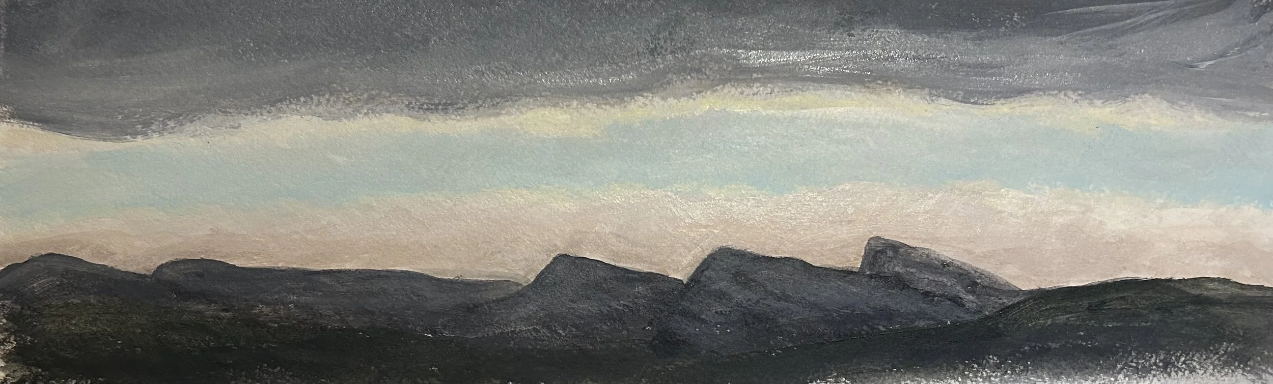 Back Hills at Sunset, acrylic on watercolour paper, 2025, $300