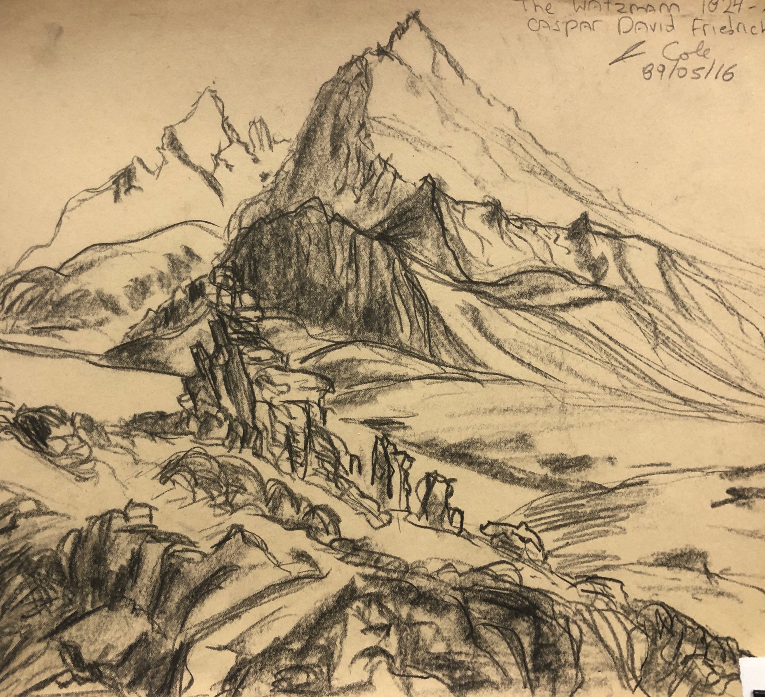 The Watzmann (after Caspar David Freidrich), charcoal on manilla paper, 14 x 18 inches, 1989 - NFS