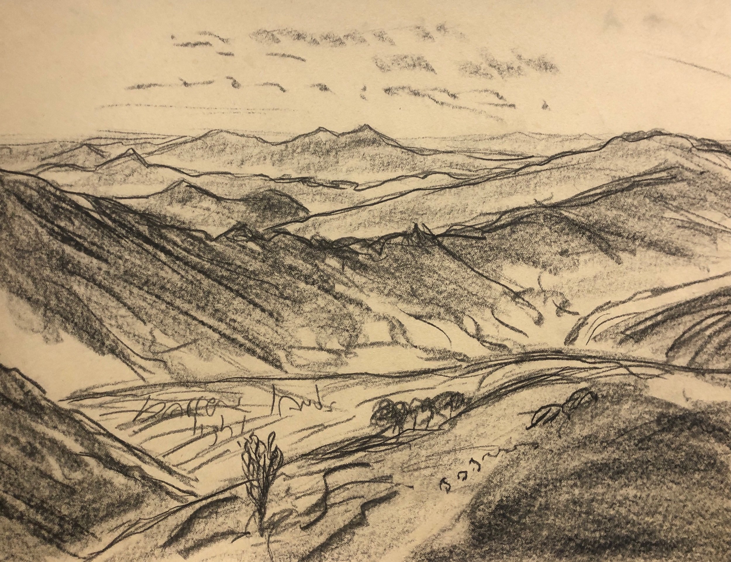 Study for Risengeberge (after Caspar David Friedrich), charcoal on manilla paper, 14 x 18 inches, 1989 - NFS