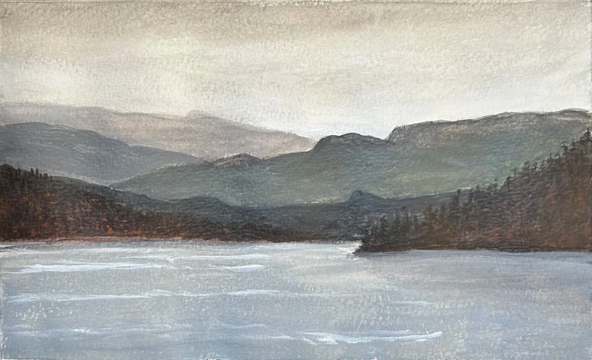 Drizzly Day, Blackhead Pond, acrylic on paper, 6 1/4 x 8 3/4 inches, $175
