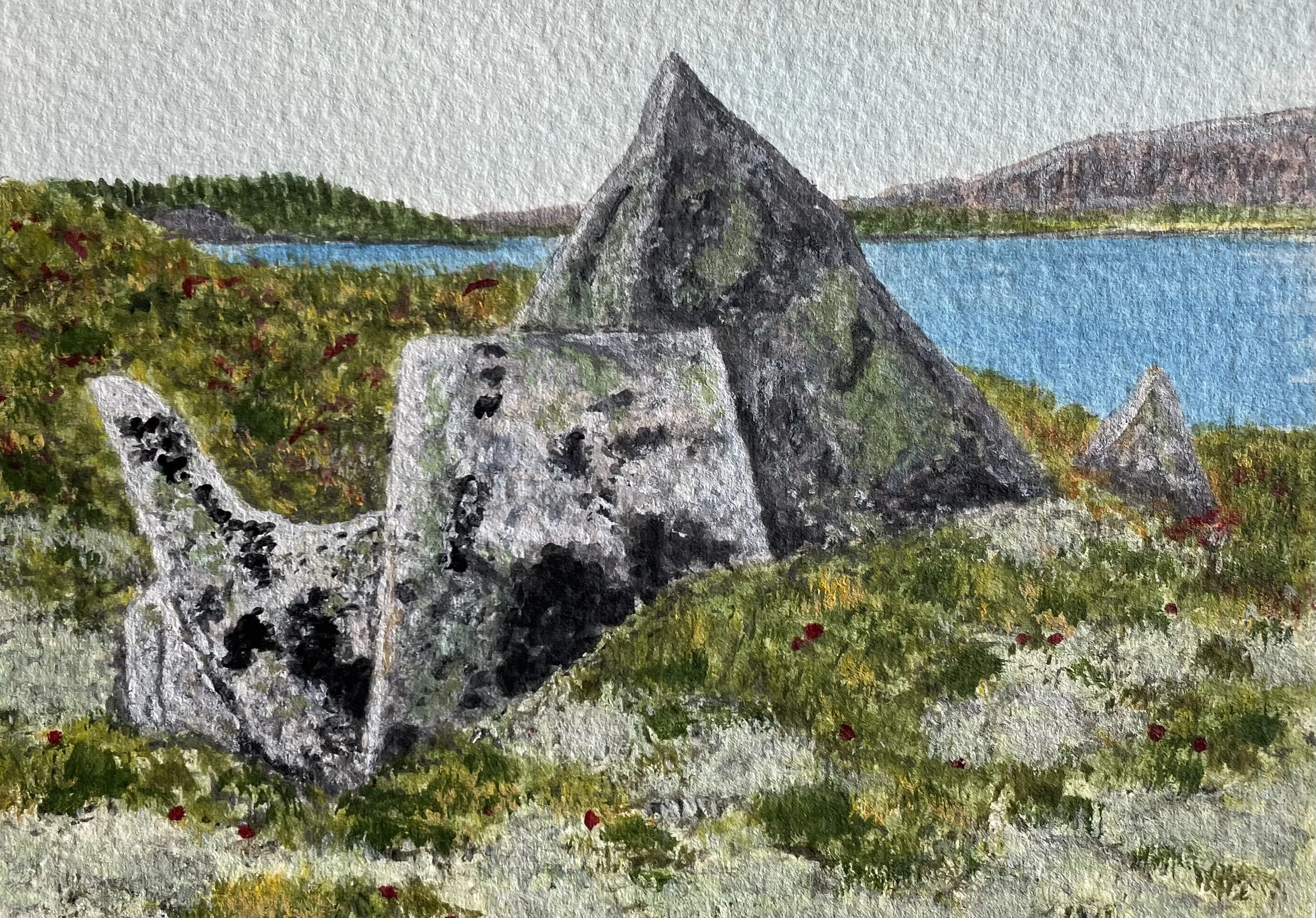 Cluster of Erratics, acrylic on paper, 5 x 7 inches, SOLD