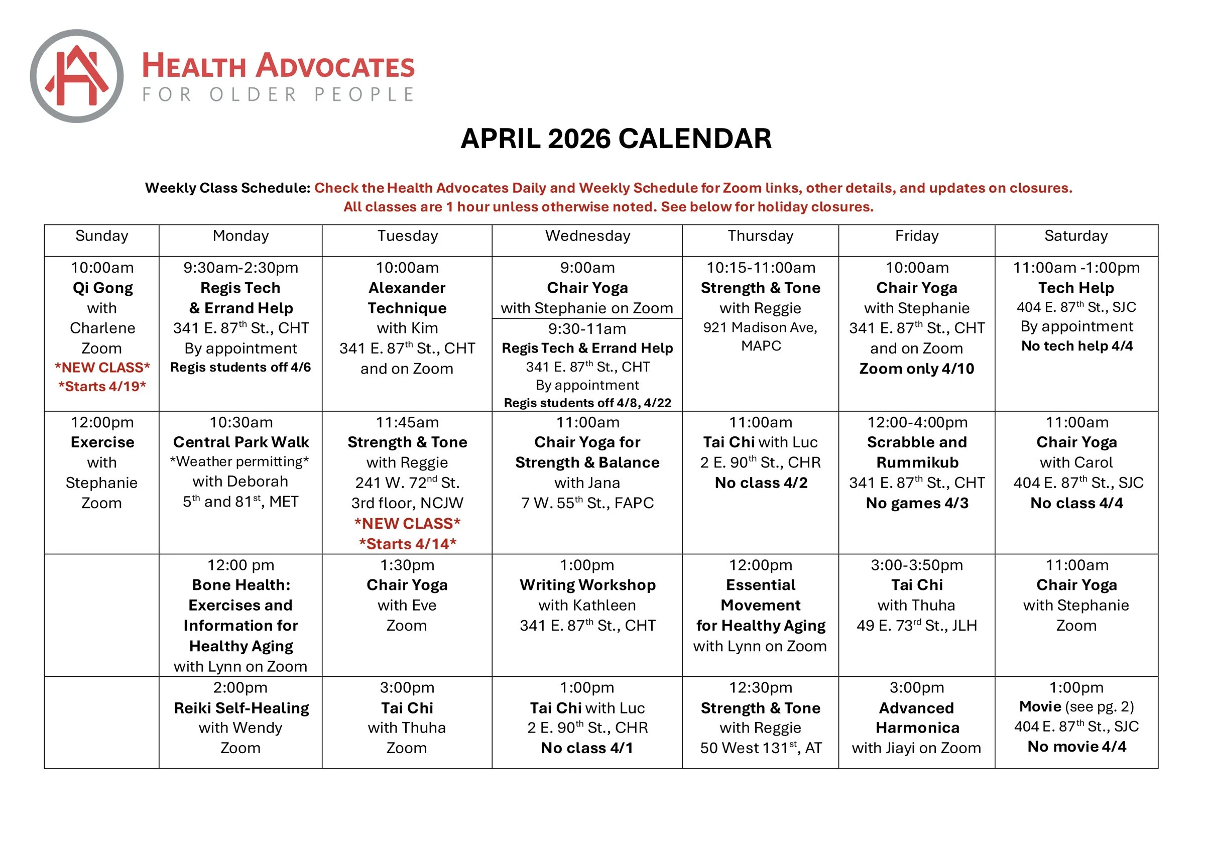 April 2026 Monthly Calendar