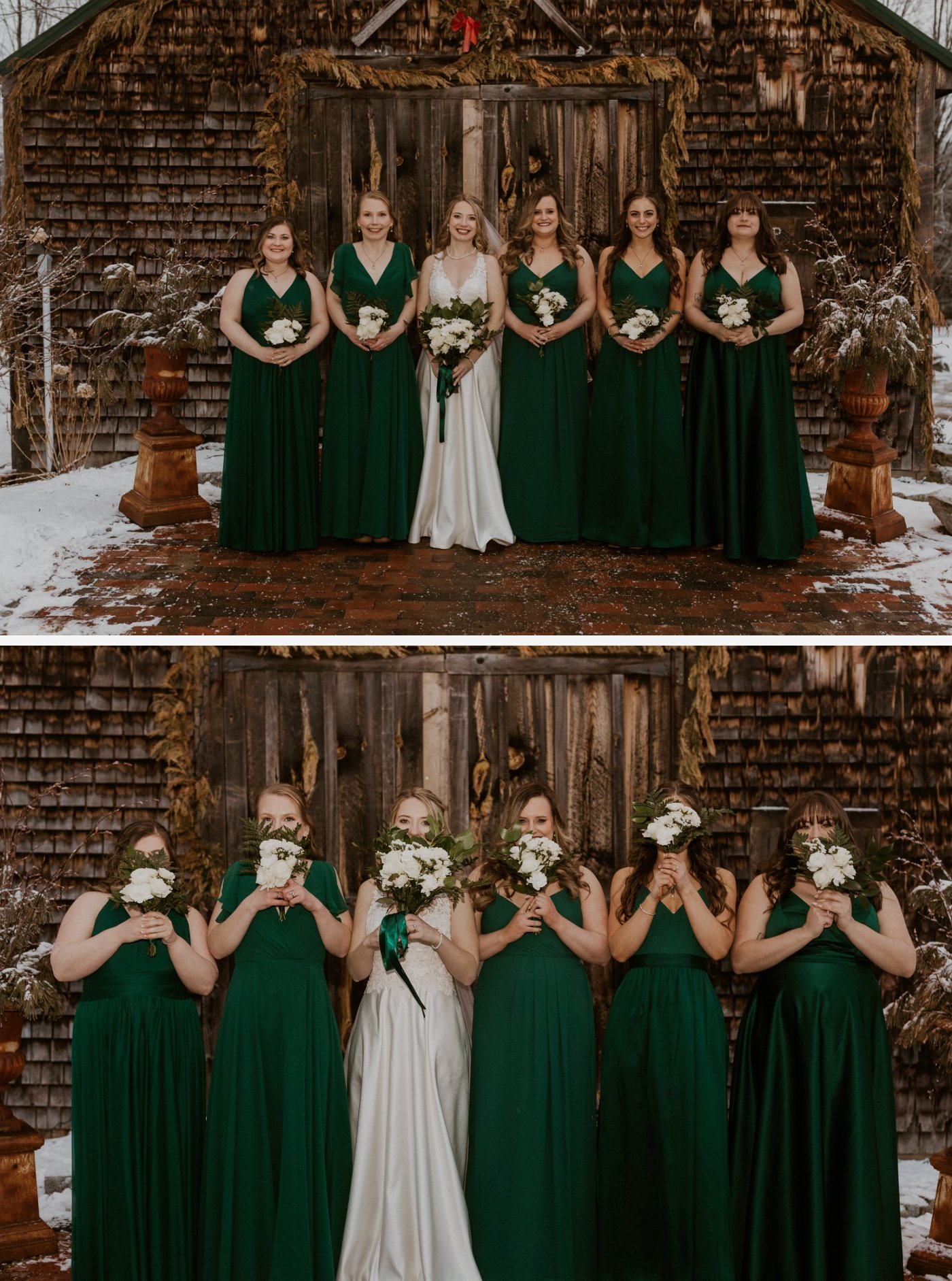 bridesmaids in Juniper colored dresses