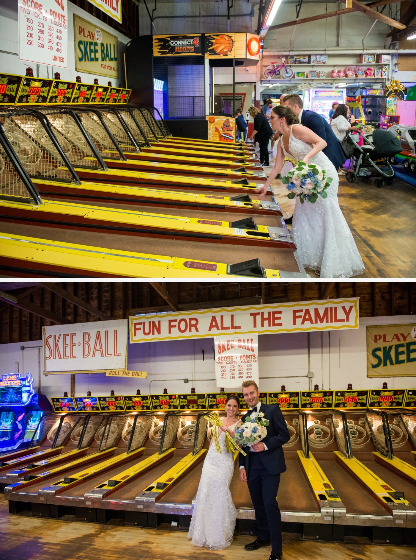 bride and groom at arcades at York Beach