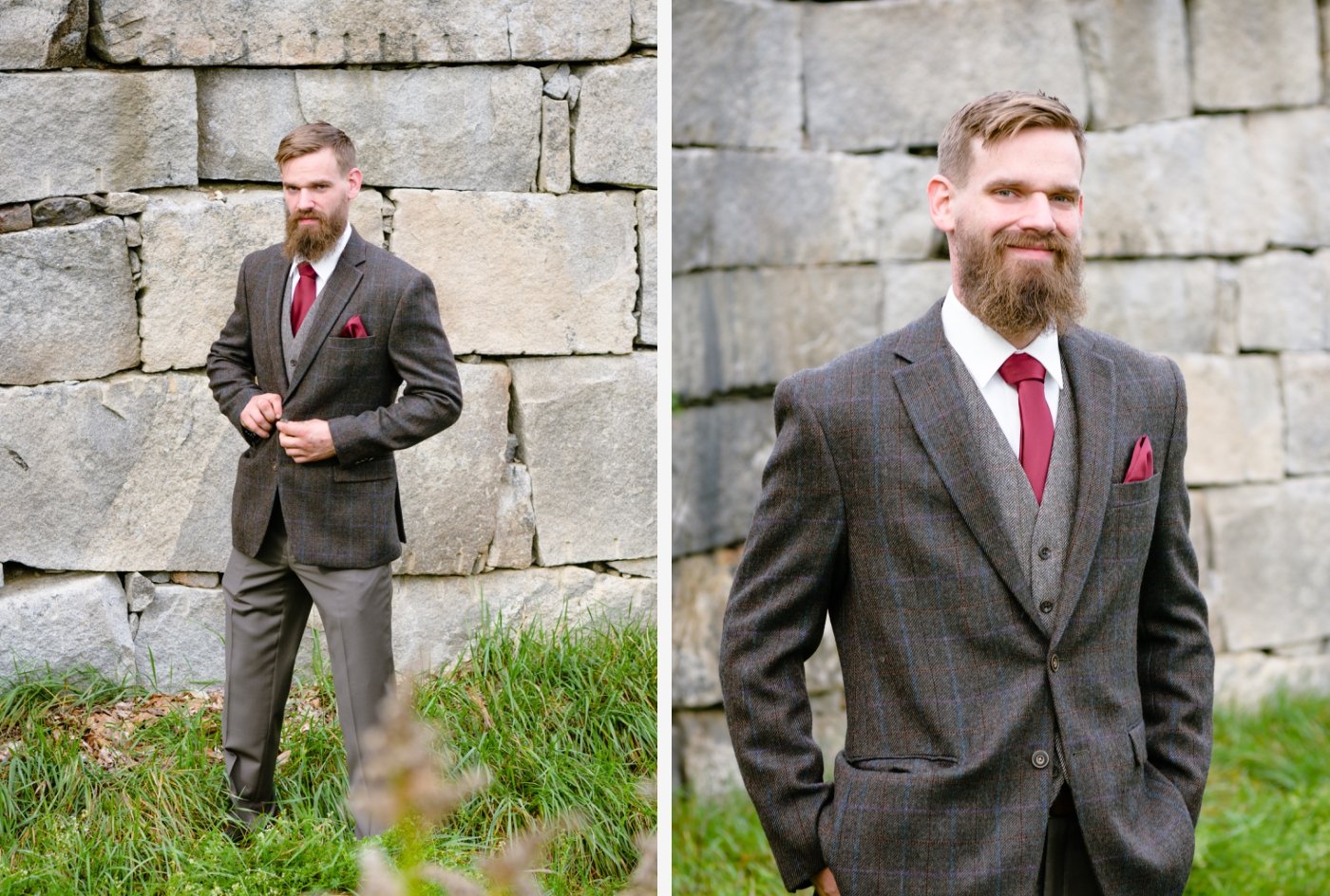 groom in grey suit for fall wedding