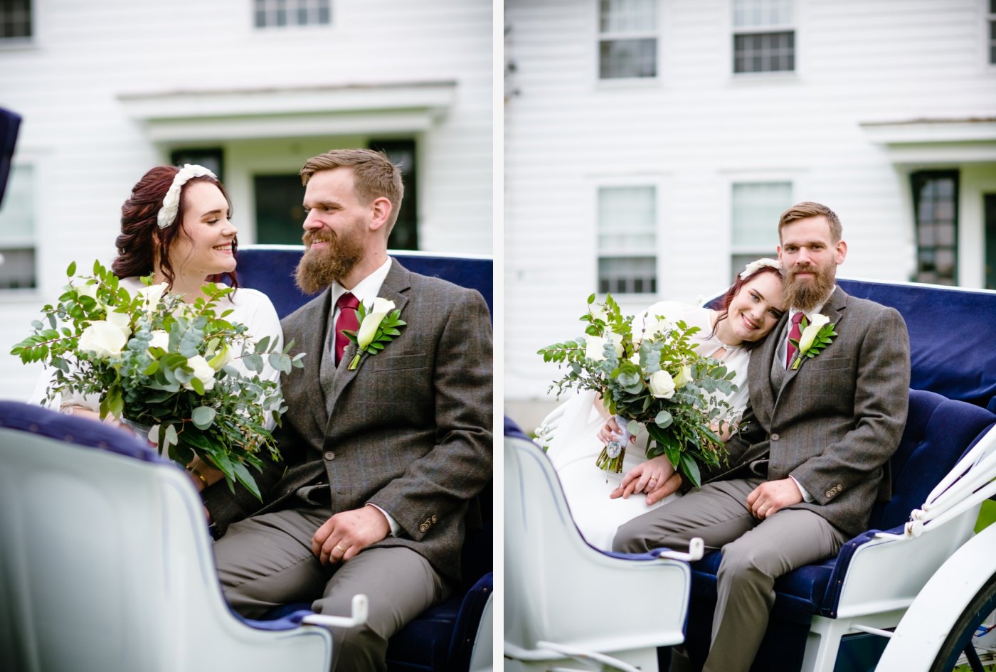 bride and groom in horse and carriage