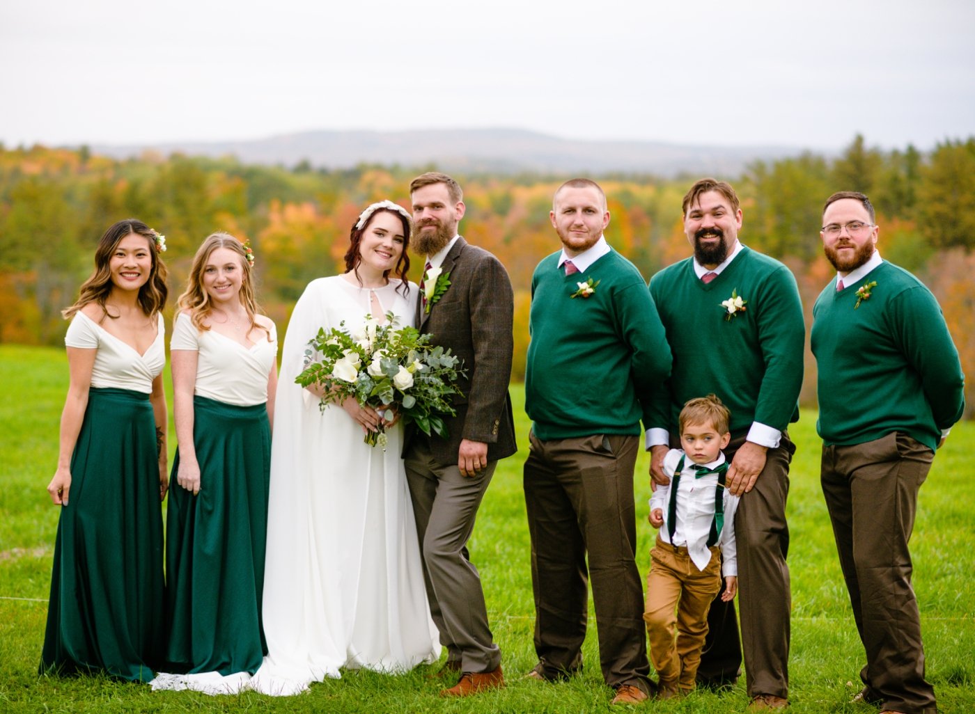 wedding party in white and green