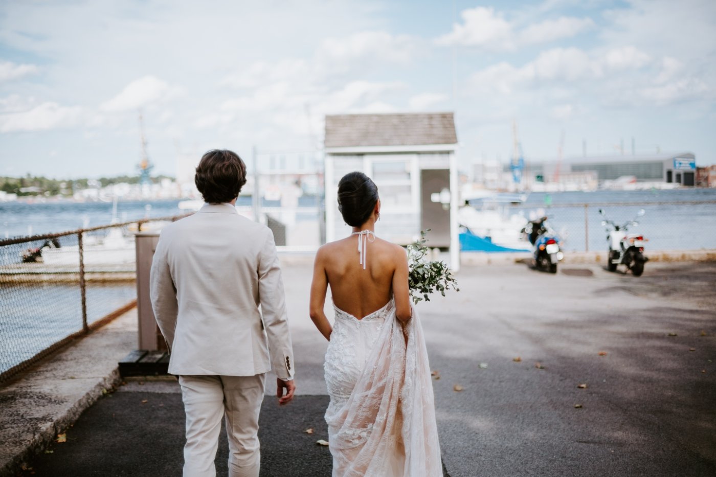 waterfront bride and groom portraits