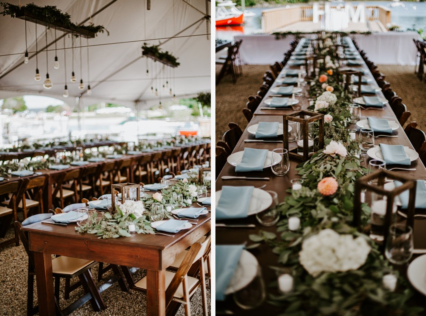 green and blue decor for tented wedding