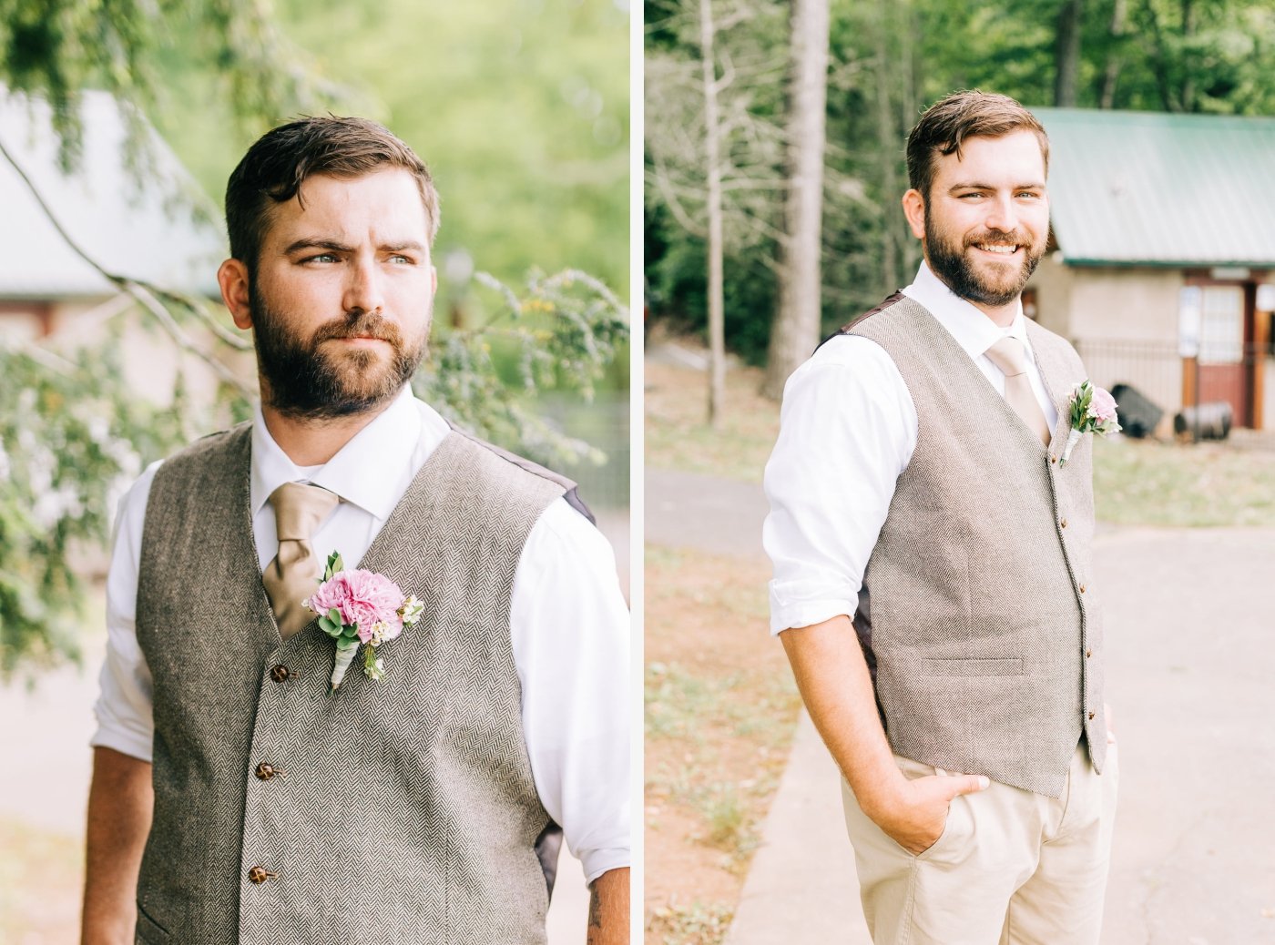 groom in gray vest for spring wedding