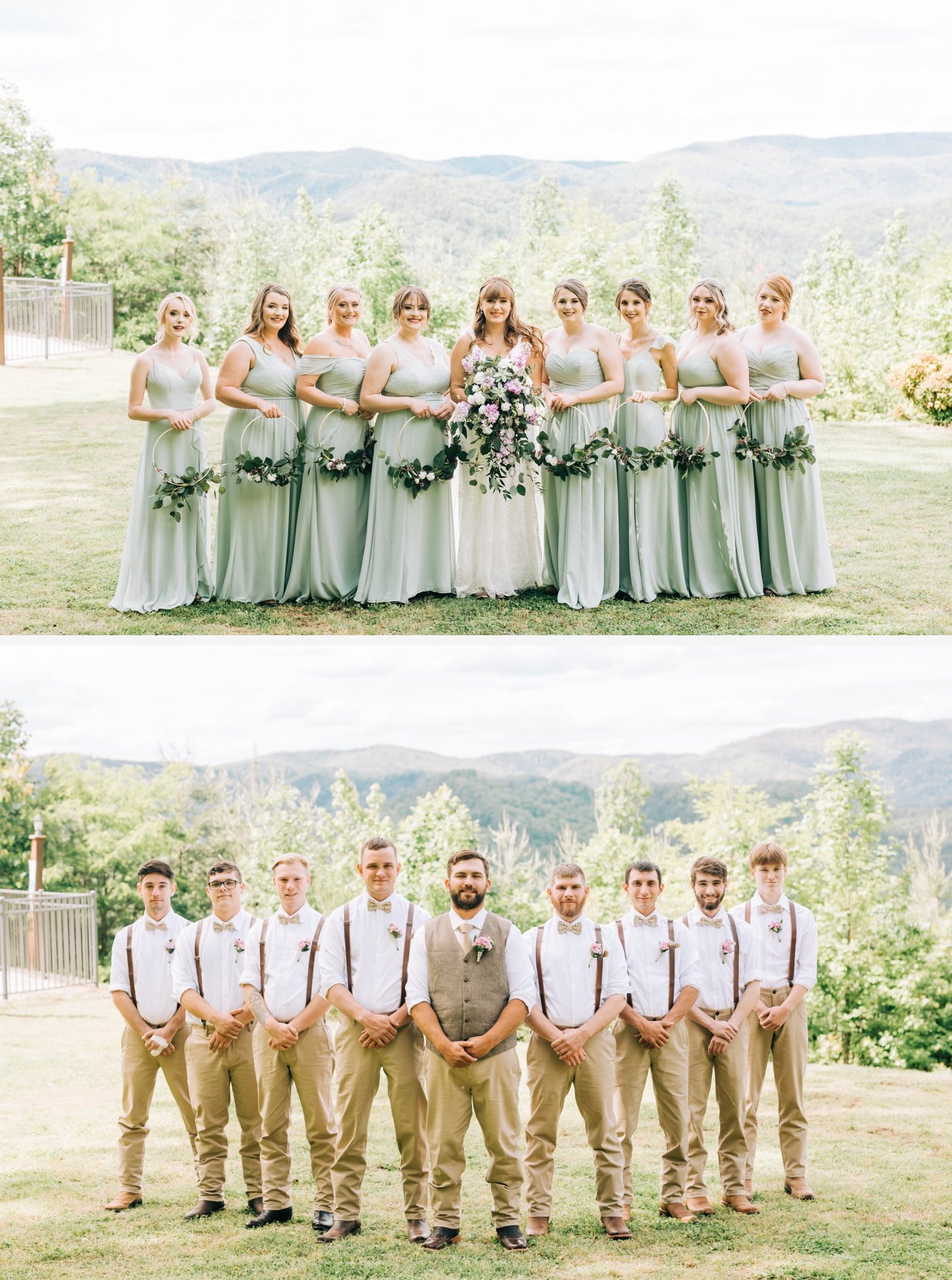 bridesmaids in sage dresses and groomsmen in gray vests