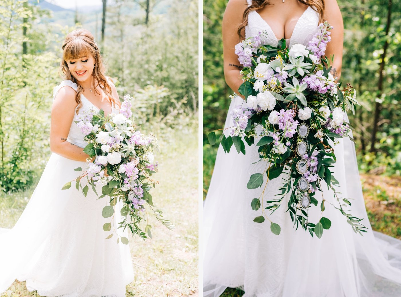 bride with cascading green, white, and purple bridal bouquet