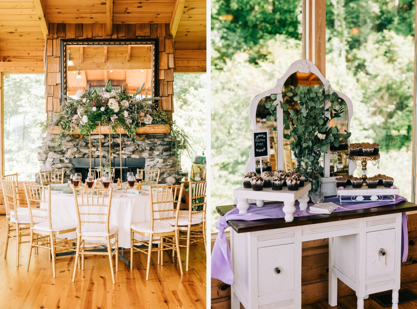 classic wedding decor with greenery and purple