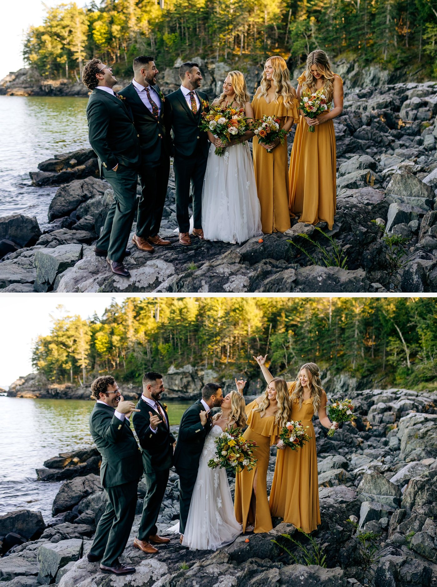 groomsmen in emerald suits and bridesmaids in dark orange dresses