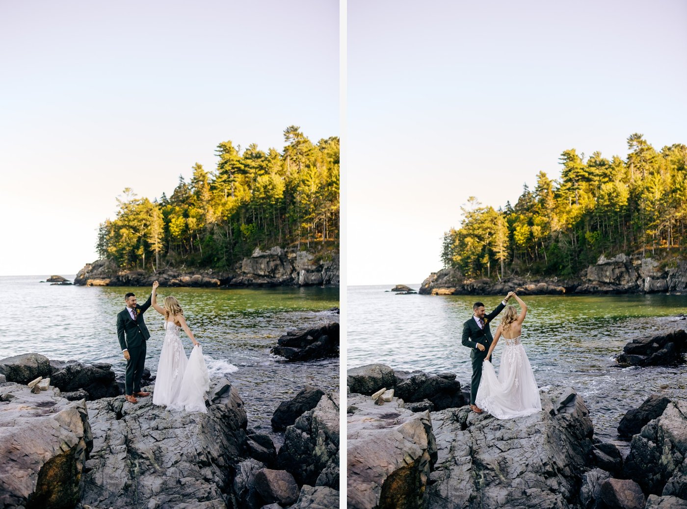 bride and groom portraits next to the ocean