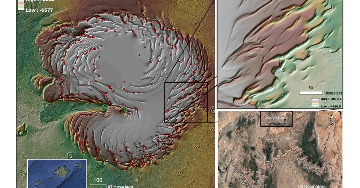 Los enormes cañones de hielo en forma de espiral de Marte son jóvenes y se formaron por erosión