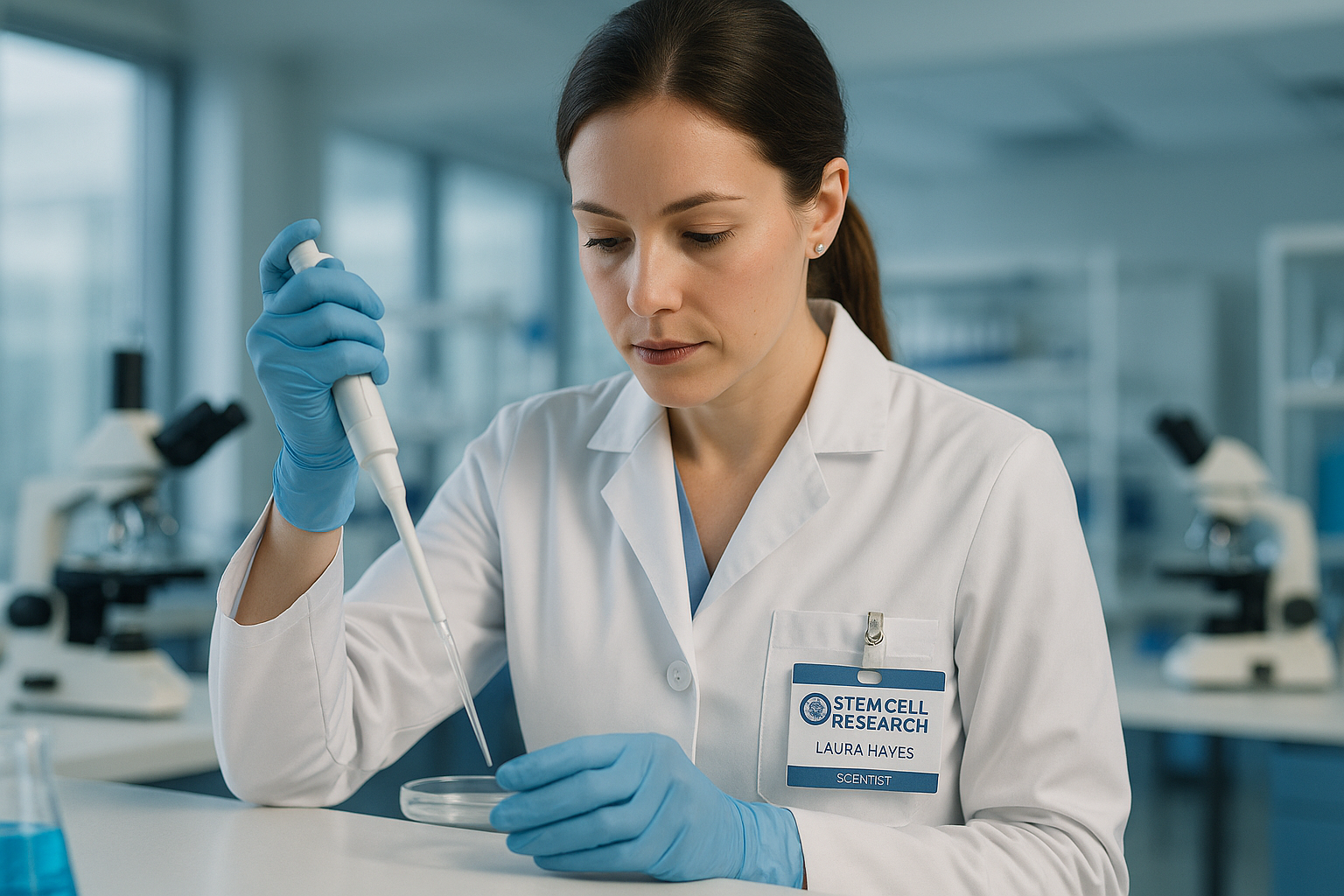 A female scientist in a laboratory using a pipette to transfer liquid into a petri dish, wearing gloves and a lab coat with a badge that reads 'Laura Hayes, Stem Cell Research, Scientist', with microscopes in the background.