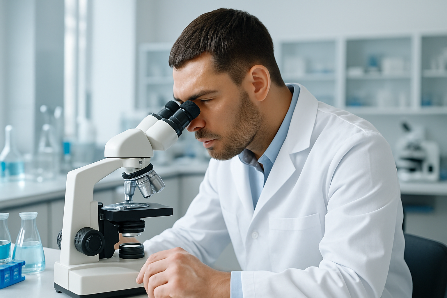 Male scientist in white lab coat looking into microscope in laboratory setting with glassware in background.
