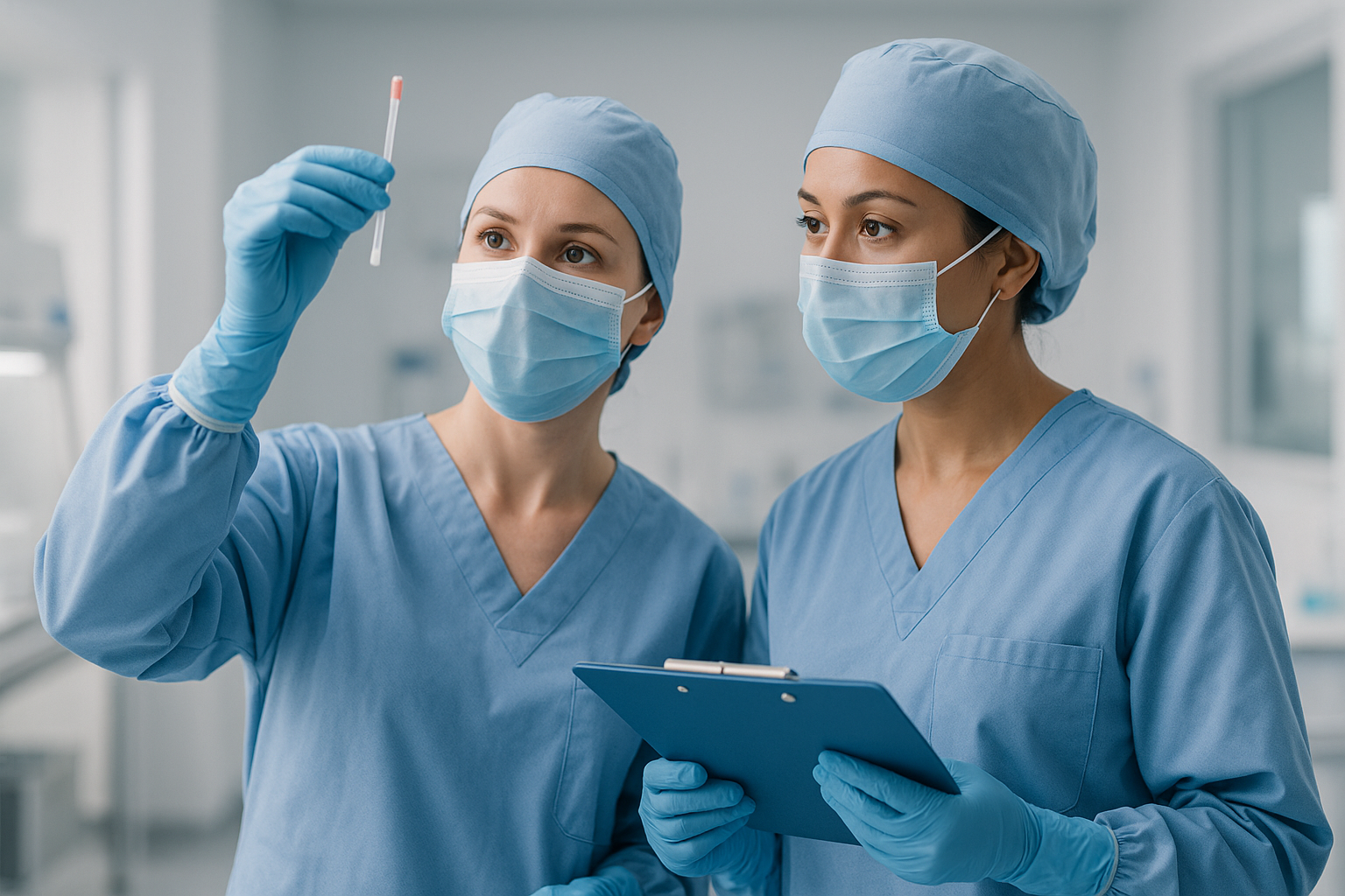 Two female medical professionals in scrubs, caps, and masks in a clinical setting, one holding a clipboard and the other examining a test sample.