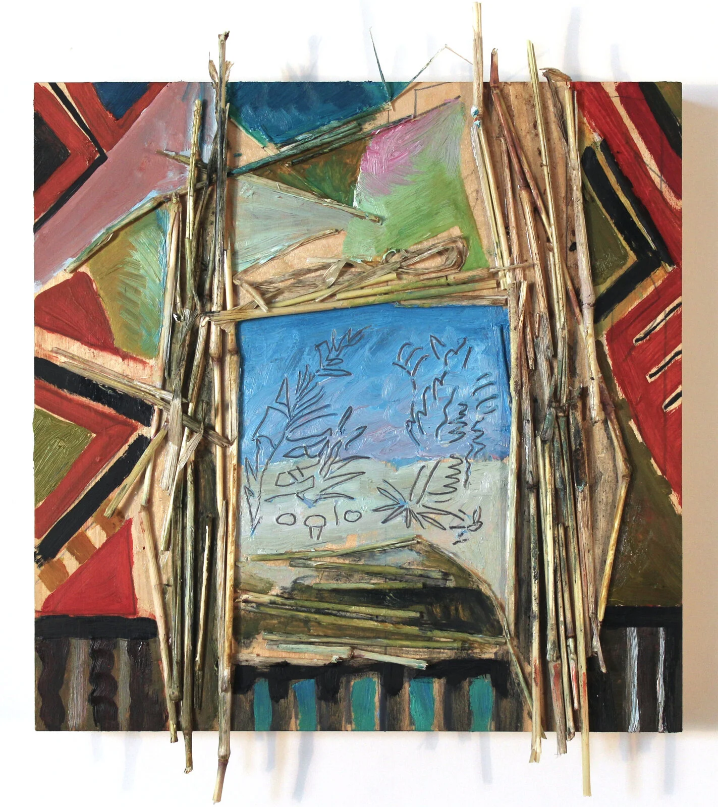 Hut Window  12"x10"   oil and sticks on wood panel 