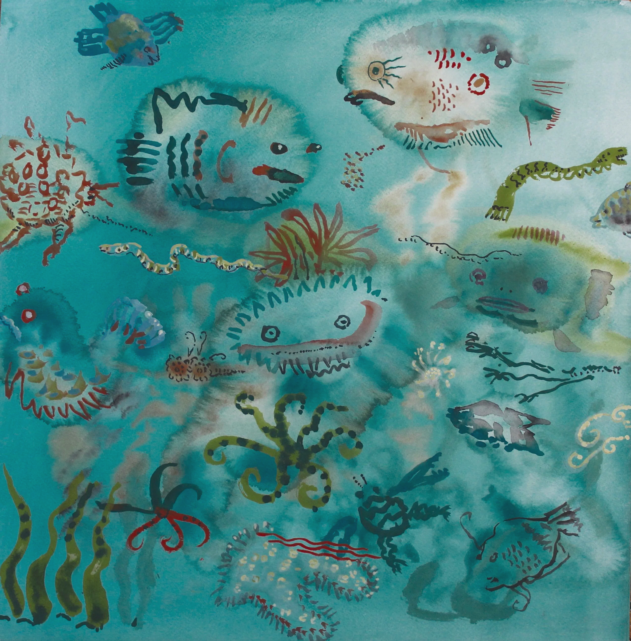 Submerged   17"x17"  gouache on rag paper